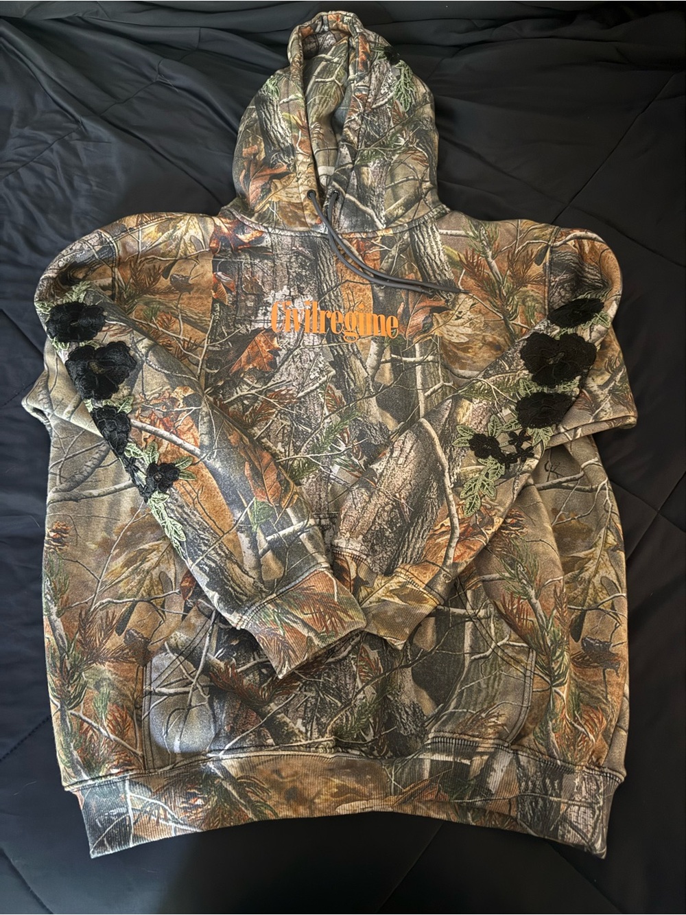 Hunters Camo Hooded Sweatshirt with Orange Logo and Black Roses